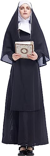 TRACYCY Damen Nonnen Kostüm und Kopfbedeckung Frauen Schwester Missionar Kostüme Kleid Cosplay Halloween Karneval Fasching Party Verkleidung Festlich Kleid