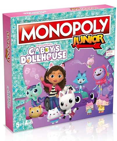 Winning Moves Gabby's Dollhouse Monopoly Junior Brettspiel, Panda Paws, Kirry Fairy, Baby Box, DJ Katzenminze und tauschen Sie Ihren Weg zum Erfolg, tolles Geschenk für Kinder ab 6 Jahren