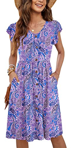MOLERANI Robe été Femme sans Manches col V Swing midi Paisley Fleur Violet L