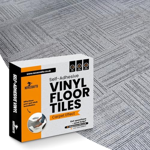 NOVECRAFTO Vinyl Floor Tiles Self-Adhesive – 40 Pack, 30 x 30cm (3.72m² Coverage) Carpet Effect Peel & Stick Floor Tiles – Easy to Clean Durable Vinyl Flooring for Kitchen, Living Room & Office (Grey)