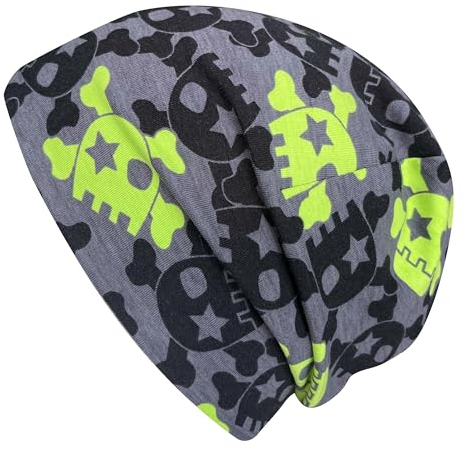 Wollhuhn Jungen/Mädchen Shorties Beanie/Beanie-Mütze/Kinder-Mütze Bequem Viele Motive Jersey Zweilagig Gefüttert Übergangszeiten (Öko-Stoffe/Bio) 2024202401 (Coole Skulls Grau/Lime, M)