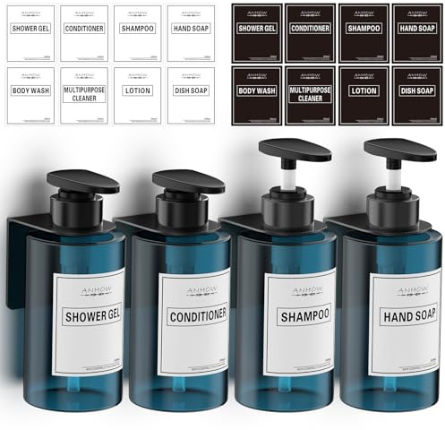 Anhow 4-pack 300 ml tvålpump väggmonteringsset duschgeldispenser tvåldispenser vägg utan borrning med tratt och vattentäta etiketter för kök badrum handtvål schampo diskmedel duschgel, blå