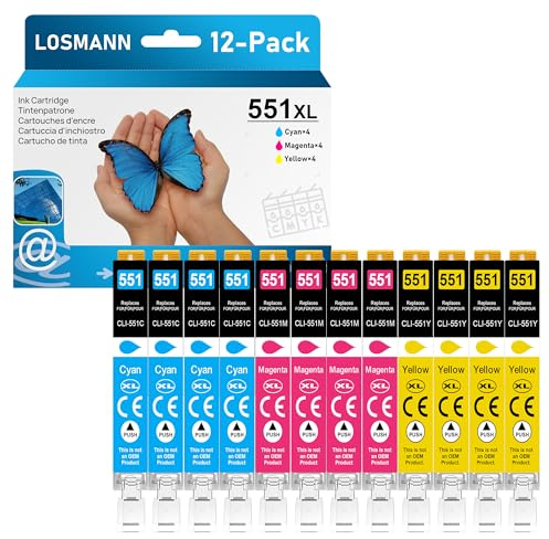 LOSMANN 551 XL Druckerpatronen Kompatibel für Canon PGI-550 CLI-551 für Pixma MX725 MX925 MX920 MG5650 MG5550 MG6650 iP7250 iX6850 iP7200 MG5400 MG6350 MG6450 MG5450 MG7150 MG7500 (12-Pack)