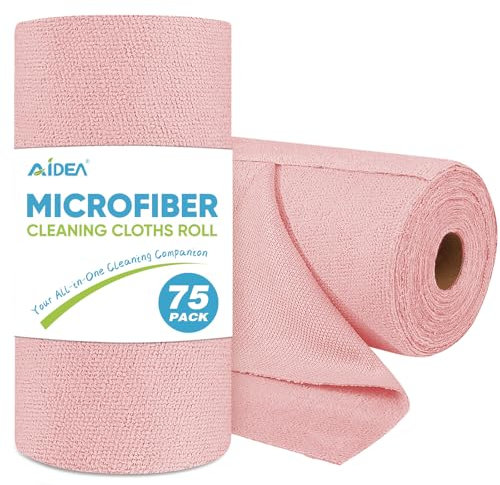 AIDEA Pink Microfiber Cleaning Cloth Roll-75PK, Reusable Paper Towels, Tear Away Towels, Washable Shop Rags, Microfiber Towels for Cars, Lint Free Cleaning Rags for House, Kitchen, Window-11.5×11.5
