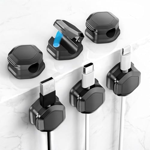 6 Pack Clips Organisateur de Câbles Magnétique Auto-adhésif - Support pour Bureau, Noir, Audio, USB, Table de Nuit, Chargement, HDMI