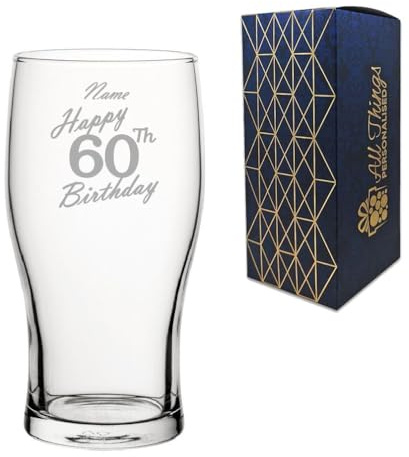 Personalised Engraved Pint Glass, Happy 60th BirthdayHandwritten Design, Classic Tulip Glass, 20oz or 570ml Capacity, Customise with Any Name, Gift Boxed