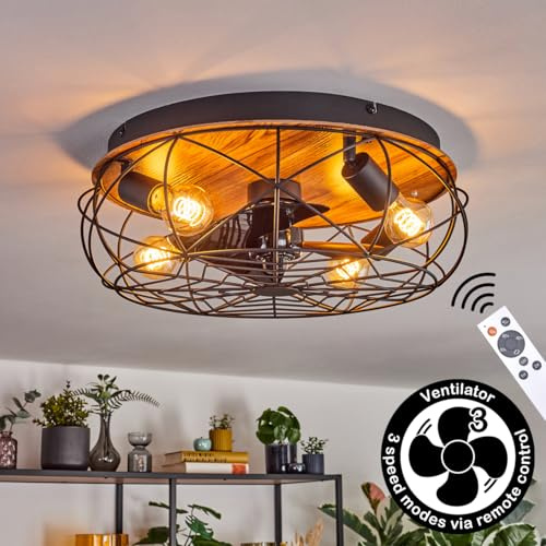 HOFSTEIN LED Deckenventilator Tourais, Ventilator aus Metall/MDF in Schwarz/Holzoptik, Deckenleuchte im Retro/Vintage-Design in Gitter-Optik, Lichteffekt, Fernbedienung, Büro, Schlafzimmer, Esszimmer