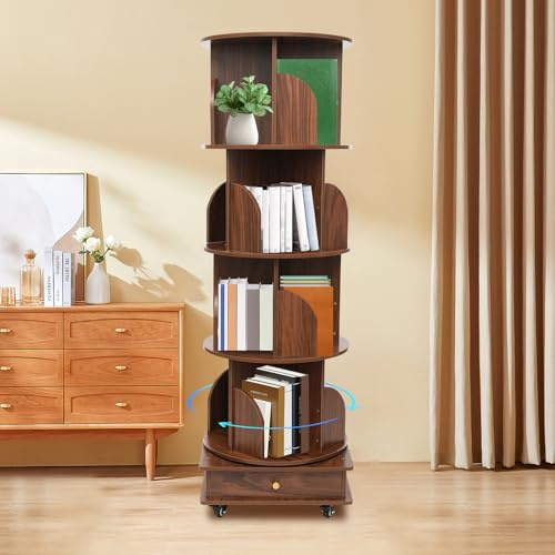 Gorgivous 360° Drehbares Bücherregal Nuss-braun 4Etagen Bodenstehendes Bücherschrank Aus Holz Mehrstöckiges drehbares Bücherregal Bücherregal auf Rädern Für mehrstöckige Lagerregale