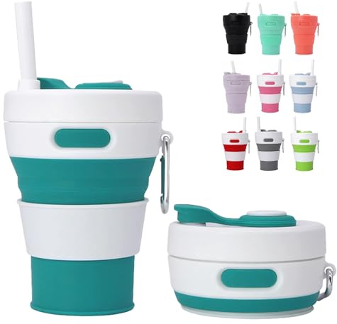 MORAINJAY 450ml Silikon Faltbare Becher Pfauenblau mit Stroh Kunststoff Deckel, Bpa-Frei Faltbecher, Wiederverwendbar Tragbares Silikonbecher Reisebecher für Outdoor Camping Picknick Wandern Reisen