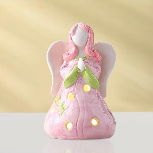 Angel Figures with LED Light, Porcelain Angel Decorative Figures, Standing Angel Decorative Figures, Angel Figures, Battery Operated for Christmas Decoration, Grave Decoration (B)