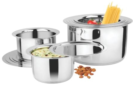 Stainless Steel Cooking Pot Patila Tope Topia with Cover Lid Tri-Ply Stock Stew Pot Casserole Deep Soup Sauce Pasta Cooking Pan Indian Curry Pan with Lid Induction 5pcs Cooking Pot Set