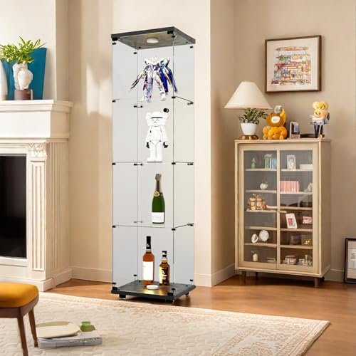 Glasvitrine, 4 Lagen Glas Standvitrine, Sammlervitrine 1 Tür mit LED Und Schloss Glas Vertikales für Sammlerstücke, Bücher, Wein, Wohnzimmer, 164 x 42 x 36 cm (4 Lagen schwarz)