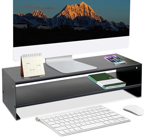Jasvelly 2-Stufiger Monitorständer aus schwarzem Metall 48 × 19 × 12 cm – Robuster Monitor-Riser & Laptop-Ständer mit Ablage, Tastaturfach & Schreibtisch-Organizer für Home-Office & Büro