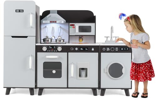 COSTWAY Cocina Juguete Infantil, Cocinita de Madera Infantil 3 en 1 con Refrigerador, Lavadora, Máquina de Hielo, Estufa, Fregadero, Horno, Microondas, Cocina Juguete con Luces y Sonidos (Marrón)