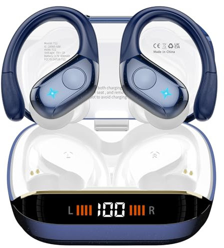 Wireless Earbuds, 75H Bluetooth 5.4 Headphones, Sport Wireless Earphones with 4 ENC Mic, Stereo Bass, IP7, Bluetooth Earbuds with Earhooks for Workout/Running/Work, Dual LED Display Ear buds, Blue
