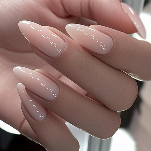 GLAMERMAID 24 PCS Mittlere Mandel Künstliche Fingernägel Frühjahr Sommer Nude Gel-Kleber Auf Nägel Glänzende Stiletto Wiederverwendbare UV-Finish-Kunstnägel Acryl-Kunstnägel Maniküre-Sets Für Frauen