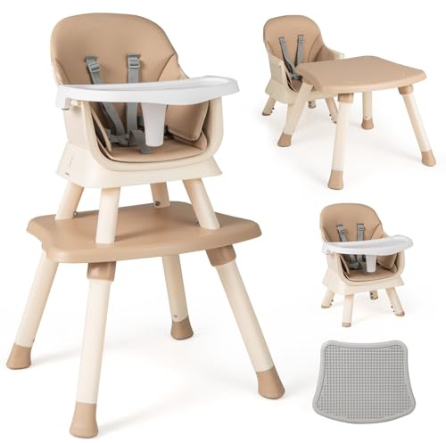 RELAX4LIFE 6 en 1 Trona Bebé con Arnes de 5 Puntos y Cojín Desmontables, Tronas de Bebe Portátil con Bandeja Ajustable y Extraíble, Mesa y Silla Infantil para Niños 6+ Meses, Carga 25kg (Cafe)