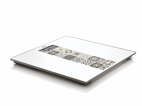 LAICA Bilancia elettronica alimentato a batteria, Mediterranean Breeze, Design Ispirato Dalle Maioliche -Vetro Temperato, Ampio Display LCD, Design Dottile, Bilancia Pesapersone, Fino a 180 kg-Marrone