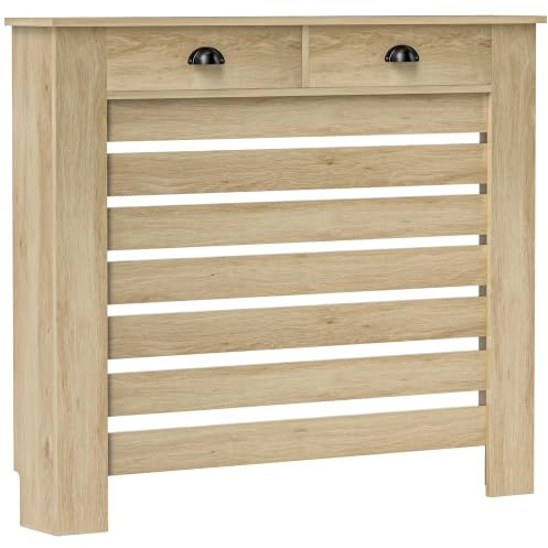 HOMCOM Couvercle de Radiateur Cache Radiateur 111 x 19 x 95,5 cm Chêne | Grille à Lattes Horizontales, 2 Tiroirs, Salon, Chambre à Coucher, Couloir, Bois