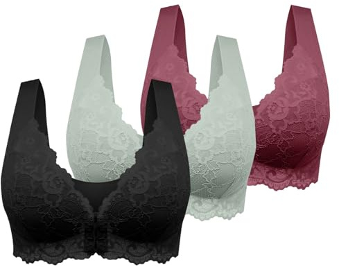 Plus Size Front Fastening Bras for Women UK Ladies Comfort Push up Everyday Bras for Large Breasts The Elderly Women's Bra Breathable Underwear Deep V Neck Lace Sexy Lingerie Travel Home Essentials