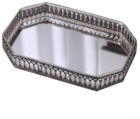 Eawfgtuw Plateau miroir de courtoisie de style vintage avec cadre en métal pour organisateur de bijoux, rangement de maquillage, affichage de parfum, salle de bain ou coiffeuse, décoration murale (A)
