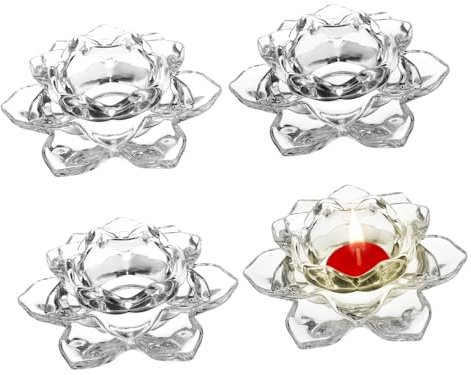 MUCKLILY 4 Pcs Lotus Flower Glass Candle Holders for Table with Ornamental Effect and Fine Workmanship, Elegant Lotus-shaped Tealight Candle Stands for Weddings and Banquets Decoration