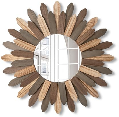 Emfogoo Wandspiegel 48cm Groß Rustikal Holz Sunburst Boho Spiegel Boho Wand Deko Wanddeko für Haus Wohnzimmer Schlafzimmer Flur (Dreifarbig)