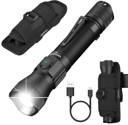 UltraFire Wiederaufladbare Taktische Taschenlampe mit Holster, 1350 Lumen Zoomable LED Taschenlampe mit Gürteltasche, 6 Modi, USB-C, für Polizei/Sicherheit/Gesetzesvollzug/Camping, E5