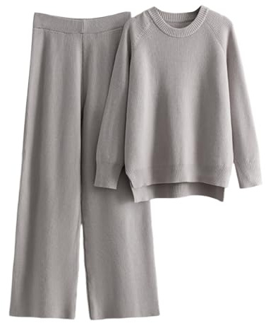 Generisch Damen Strick-Set aus Pullover und Hose - Zweiteiliger Hosenanzug aus Feinstrick | Elegantes Loungewear-Set mit weitem Bein