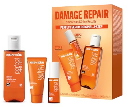 Mise En Scene Perfect Original Serum Hair Care Set | Travel Size Hair Products for Frizzy and Dry | Mini Hair Oil for Heat Protection | Damage Repair Shampoo & Treatment | Gift set for women (3 Count)