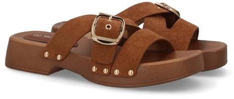 shoes&blues.es Sandalia Pala Plataforma Hebilla Elegante, Suela de Estilo Madera. Adorno de Tachuelas y Hebilla. Tiras Anchas Cruzadas. Ideal para Mujer en la Temporada de Primavera Verano.