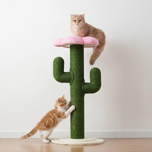 CareCooo Katzen Kratzsäule in Kaktusform, 90 cm hoher Kratzstamm für Katzen aus Sisal, mit Blumen-Plattform und Anti-Kipp-Schutz, für Wohnungen (Green + MDF + Paper)
