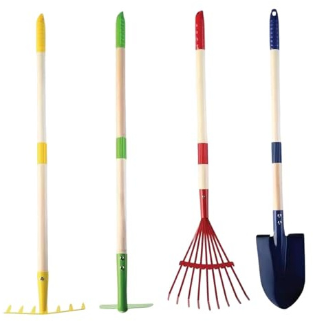 LOVIVER de 4 mini-outils de jardinage : outils à main pratiques avec poignées confortables, jouets de plage, râteau et houe. Idéal comme cadeau pour