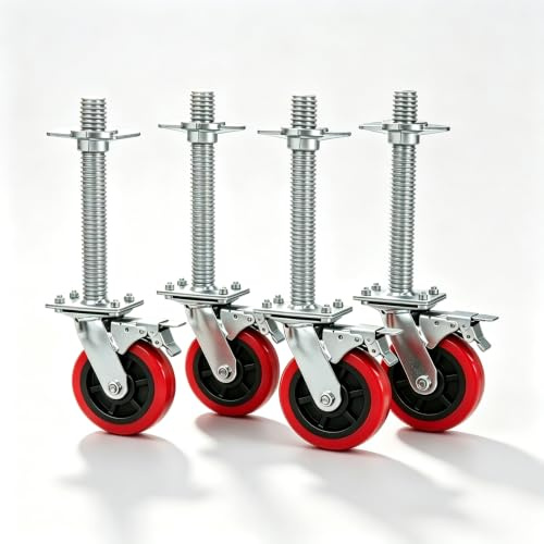 Socomfay Lot de 4 roulettes pivotantes pour échafaudage de 15,2 cm - Double freinage - Rouge - Broche en acier de 300 mm - Roulettes d'échafaudage avec double roulement à billes 6202 comme pieds