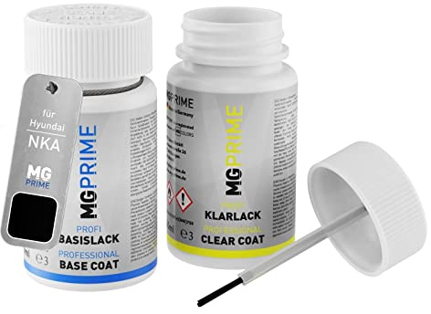 MG PRIME Autolack Lackstift für Hyundai NKA Black Noir Pearl + Klarlack | Phantom Black Metallic, Set aus Basislack + Klarlack, Lackfläschchen mit Pinsel, je 50ml