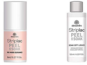 alessandro Striplac Peel or Soak Nude Elegance – LED-Nagellack in elegantem Nude – 1 x 8ml & Striplac Peel or Soak Soak-Off Liquid – Spezialentferner zur Ablösung von Peel or Soak Striplac– 1 x 125ml