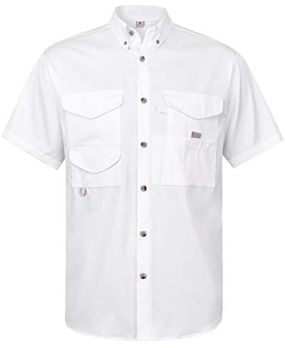 Alimens & Gentle Short Sleeve Fishing Shirt Wicking Fabric Sun Protection Casual Button Down Shirts White