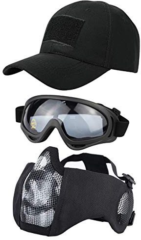 Hodeacc 3 Pcs Tactical Airsoft Mask Goggles Baseball Cap Set,Adjustable Half Face Mesh Mask with Ear Protection,Airsoft Glasses Eye Protection Outdoor Hat for Outdoor BB/CS Game