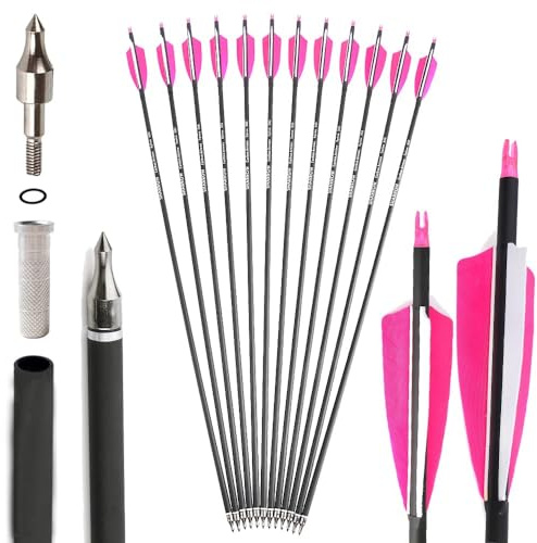 SHARROW 32 Zoll Carbon Pfeile für Bogenschießen Spine 500 Kohlenstoffpfeil Jagd Bogen Pfeile Jagdpfeile mit 4 Zoll Natürliche Federn für Pfeil Und Bogen Recurvebogen Compoundbogen (Rosa1, 12P)