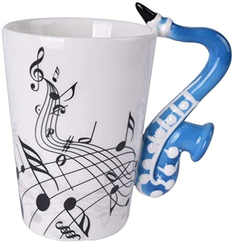 eKsdf Keramiktasse Musik Motiv Kaffeebecher mit Saxophon Henkel (Blau) | Lustige Teetasse Porzellan Tasse Keramik Kaffee Becher Geschenk für Freunde Kollegen