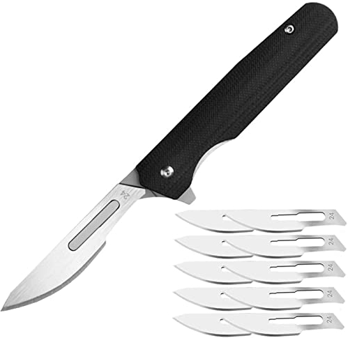 BEEK Mini Cuchillo Plegable Con Clip, Bisturí, Cuchillo Llavero, 10 Cuchillas Intercambiables Figura 24, Mini Cuchillo De Bolsillo Edc Para Exteriores, Camping (G10 Negro Grande)