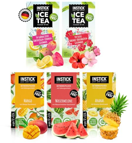 INSTICK Zuckerfreies Instant-Getränk (Bundle Exotic) verschiedene Klassik & Eistee Sorten 5x12 Sticks - 1 Stick für 0,5-1 L - Veganes Getränkepulver Kalorienarm & Vitamin C - Instant-Pulver
