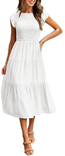 MEROKEETY Women's Flutter Short Sleeve Smocked Midi Dress Summer Casual Tiered A-Line Dress,White,S