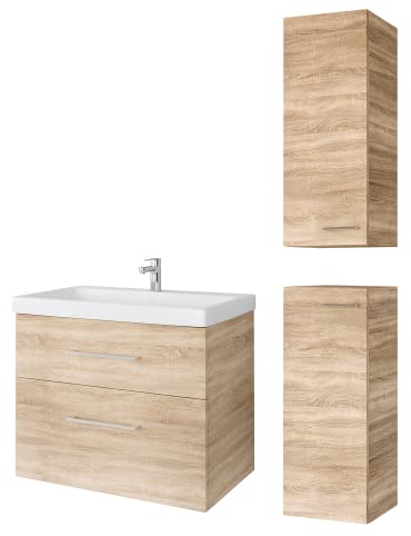 Planetmöbel Badmöbel Set Waschtisch mit Unterschrank 63 x 60 x 36,5 cm, inkl. 2X Midischrank, moderner Waschbeckenunterschrank für Badezimmer, Gäste Bad & WC, Sonoma Eiche