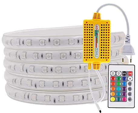 Wisada RGB LED Streifen,50M 220V SMD5050 60LEDs/m Flexibel Bunt Streifen, Außenbereich Multi-Farbwechsel LED Lichtband mit 24 Tasten Fernbedienung & 1000W Wasserdichte Regler für Wohnzimmer, Balkon