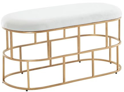 Wohnling Sitzbank Samt Weiß/Gold 90x46x38 cm Flur Polsterbank mit Metallgestell, Design Bettbank Schlafzimmer, Flurbank Garderobenbank Modern