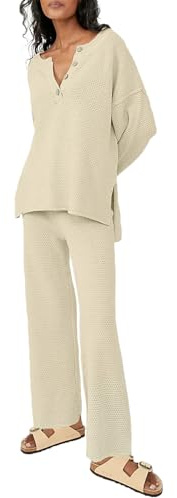 Uusollecy Zweiteiler Strickanzug Damen Set Weitem Bein Loungewear Set Jogginganzug Beige XL