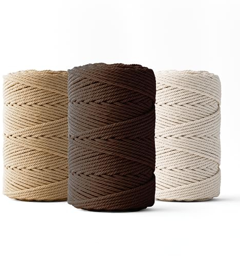 LEDENT Makramee Garn (2mm, 3 x 70M, Set mit 3 Farben: Ecru, Dunkelbraun & braun) - Doppelt gedrehtes Seil aus 100% Recycelter Baumwolle zum Basteln