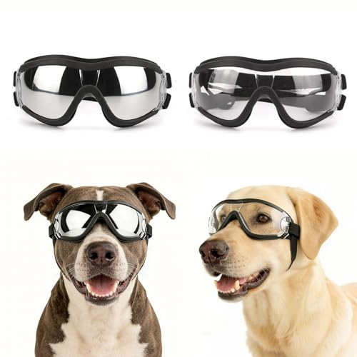 Namsan Lot de 2 paires de lunettes pour chiens moyens et grands, protection UV, lunettes pour chien, protection des yeux, sangles élastiques réglables, verres transparents/argentés