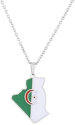 Collana con Mappa Dell'Algeria - Catena di Coppie di Colori Patriottici in Stile Etnico Geometrico, Gioielli di Moda per Donne Uomini Vestiti Accessori Regali, Bianco, Lungo: 50